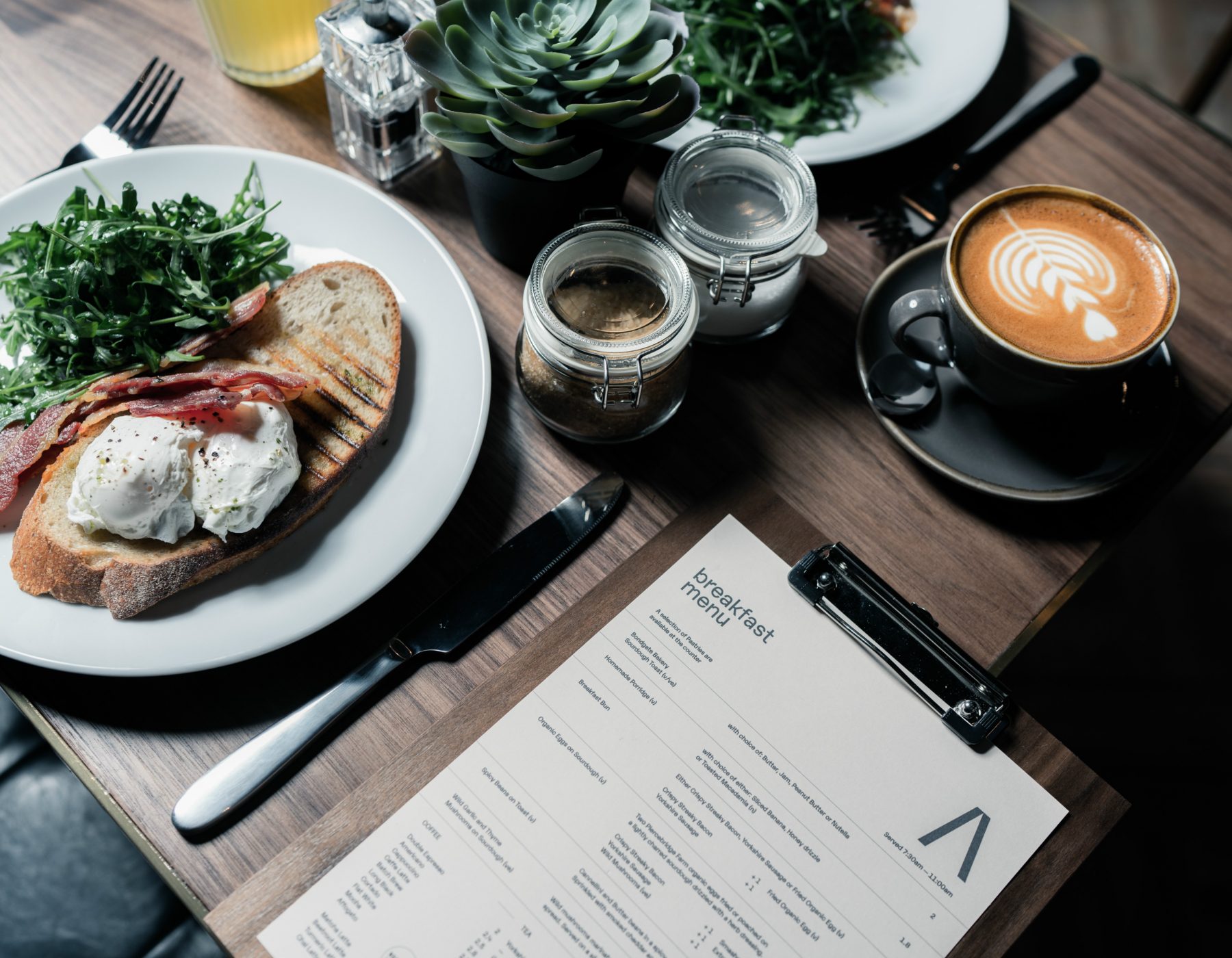 Poached eggs & crispy bacon on sourdough toast